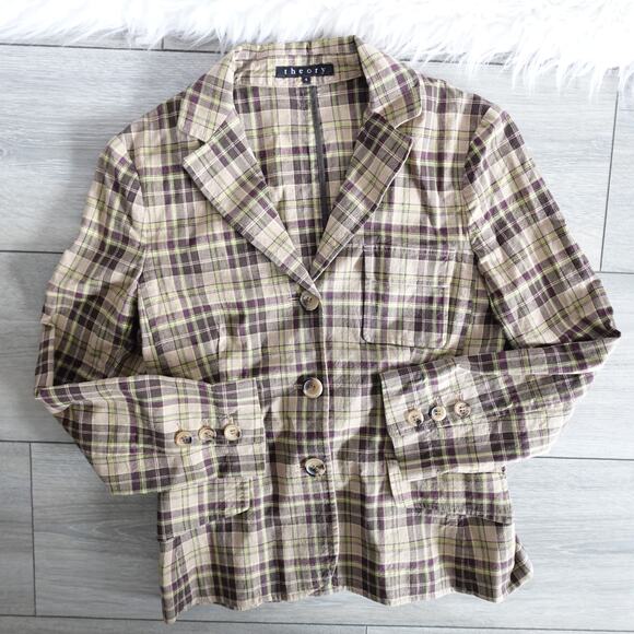 Vintage Theory Plaid Cotton Triple Button Blazer Clueless 90s Y2K Made in USA - Picture 1 of 12